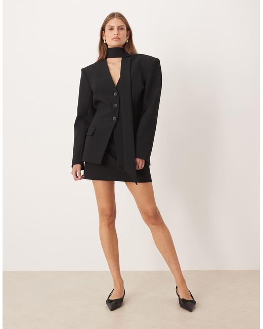ASOS Black Cinch Shoulder Pad Blazer With Scarf Co Ord