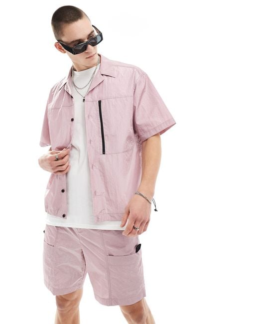 ASOS Pink Co-ord Short Sleeve Boxy Oversized Revere Utility Shirt for men