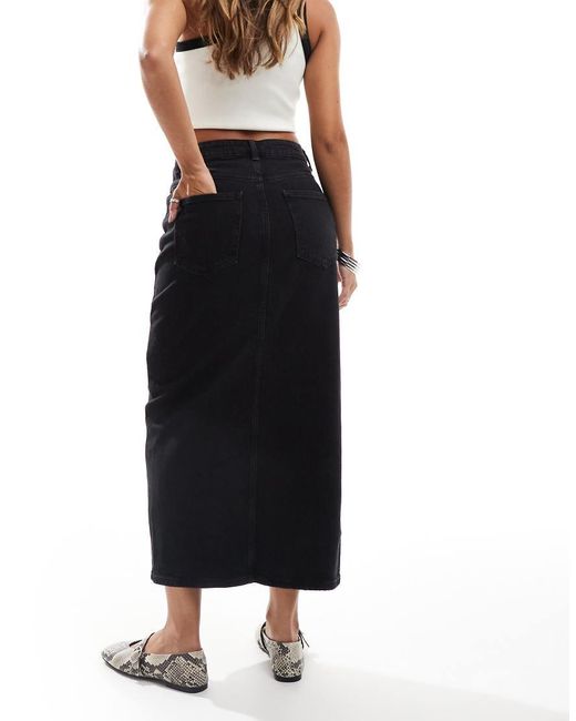 Vila Black High Waisted Denim Front Split Midi Skirt