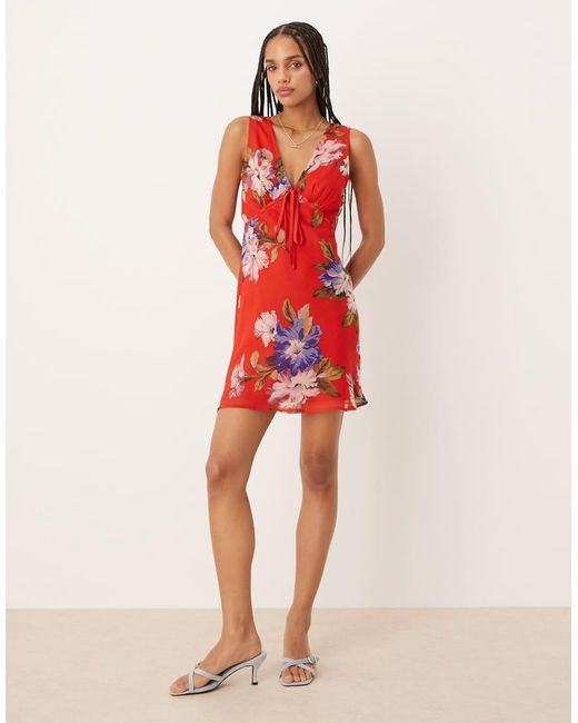 ASOS Red V Neck Mini Slip Dress With Bust Tie Detail