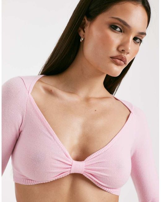 I.AM.GIA Pink Morgana Super Soft Fine Knit Bow Front Long Sleeve Crop Top
