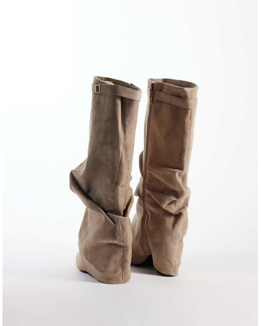 SEQWL Wide Fit Natural Ranger Faux Suede Fold Over Knee Boots