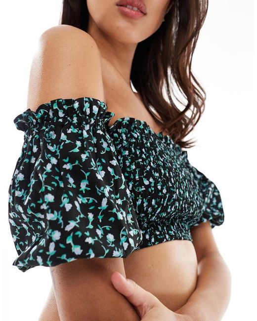 Wednesday's Girl Black Ditsy Floral Shirred Off-Shoulder Top Co-Ord
