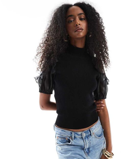 French Connection Black Kristine Knit Top With Organza Sleeves