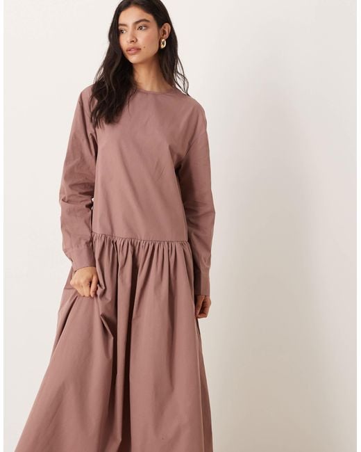 ASOS Pink Cotton Poplin Dropped Waist Maxi Smock Dress Deep Taupe