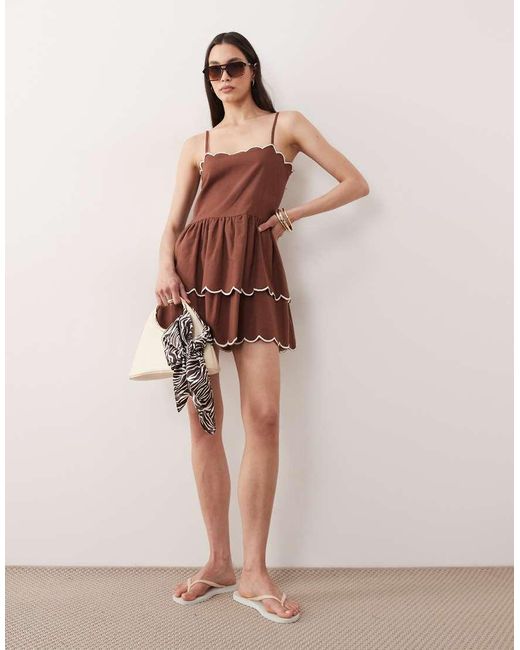 esmé studios Brown Esmee Mini Beach Dress With Cream Scallop Trim