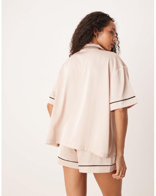 ASOS Natural Satin Short Sleeve Shirt &short Pyjama Set