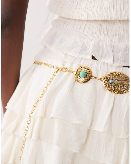 South Beach Natural Molten Chain Belt With Turquoise Stones