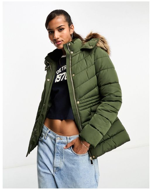 New Look Green Puffer Jacket With Faux Fur Hood