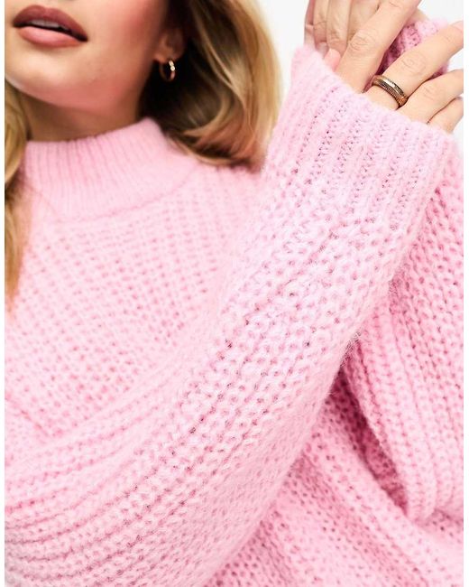 Monki Pink High Neck Chunky Rib Knitted Jumper With Volume Sleeve