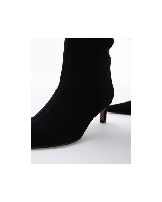 TOPSHOP Black Wide Fit Tara Premium Suede Mid Heel Pointed Knee Boots