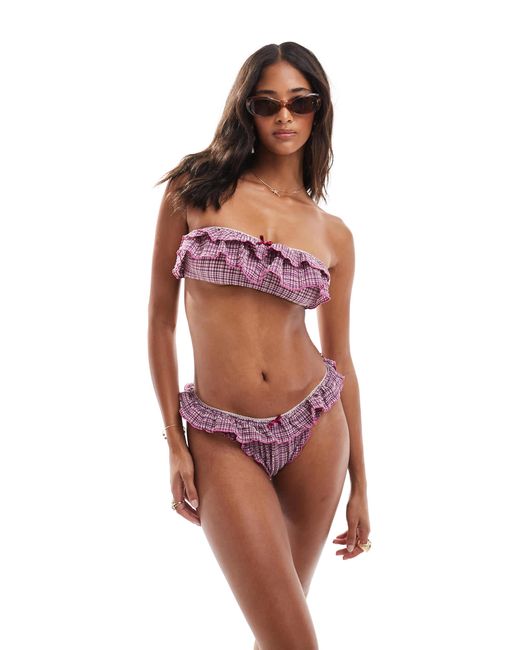 ASOS Red Chessie High Leg Bikini Bottom With Frill Detail