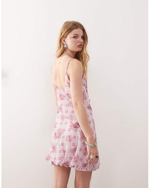 Vestito Corto A Quadri E Fiori Con Fondo A Palloncino di Reclaimed (vintage) in Pink