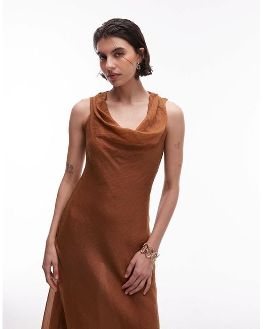 Mango Cowl Neck Satin Midi Dress in Brown | Lyst