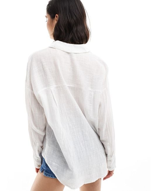 Pull&Bear White Oversized Long Sleeve Linen Shirt