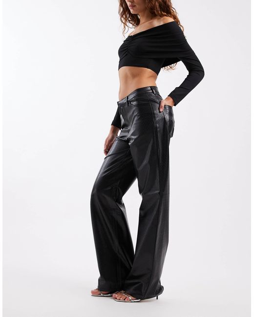 ONLY Black High Waist Wide Leg Faux Leather Trousers With Woven Details