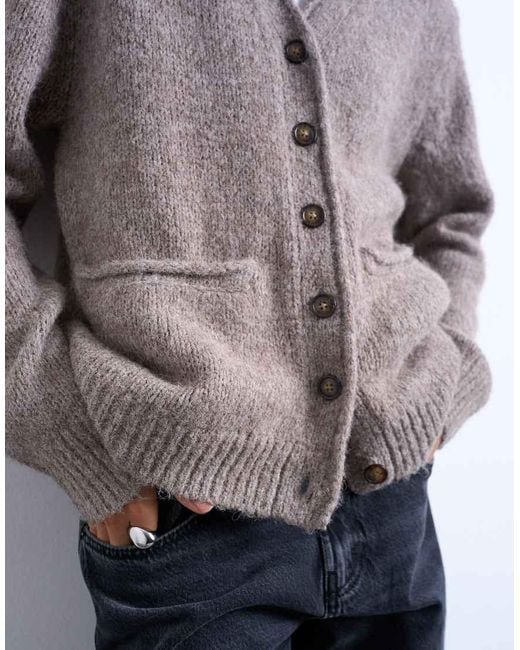 TOPSHOP Gray Knitted Longline Pocket Chunky Wool Mix Cardigan-neutral