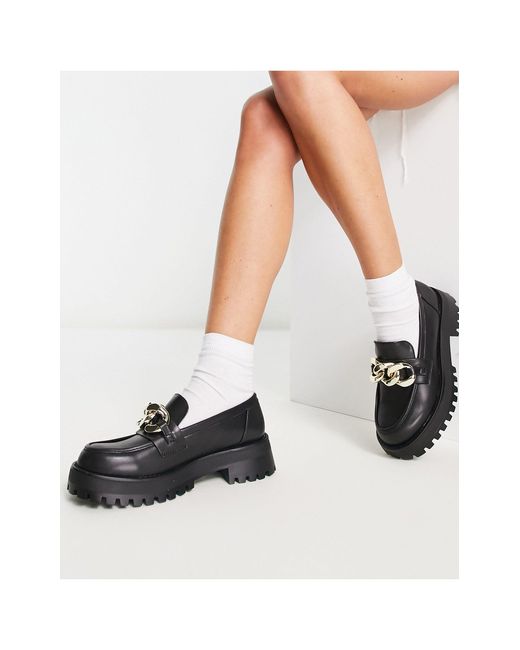 Stradivarius Black Chunky Flat Loafers With Chain Detail