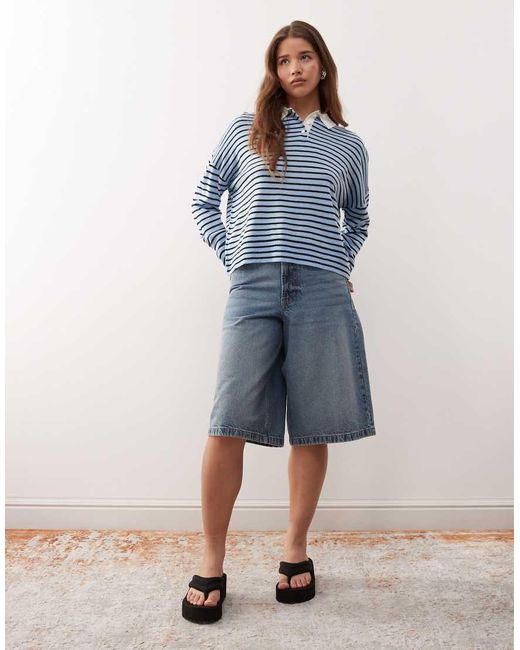 Collusion Blue Knitted Stripe Polo Jumper