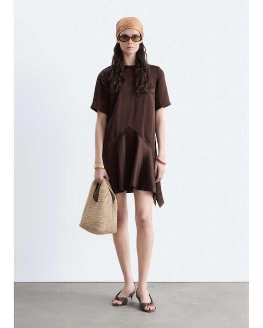 & Other Stories Brown Drop Waist Satin Mini Dress With Hanky Hem