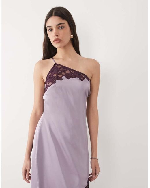 Six Stories Purple One Shoulder Thigh Split Satin And Lace Mix Maxi Dress