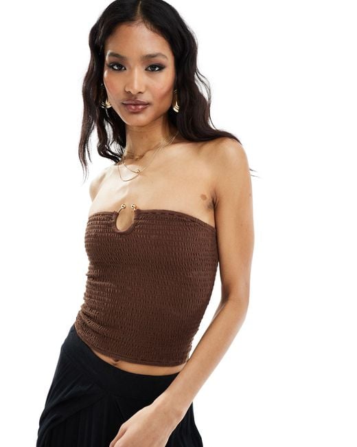 ASOS Brown Shirred Bandeau Top With Ring Detail