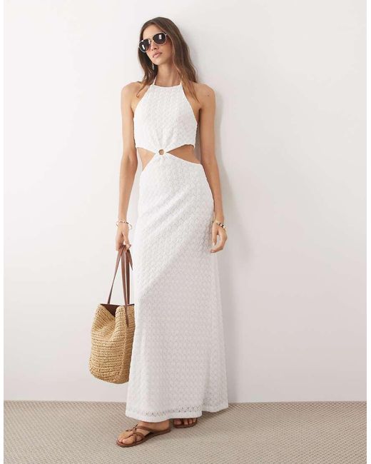Mango White Teen Cut Out Halterneck Embroidered Maxi Dress