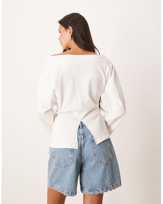ASOS Blue Long Sleeve Off Shoulder Corset Waist Tee