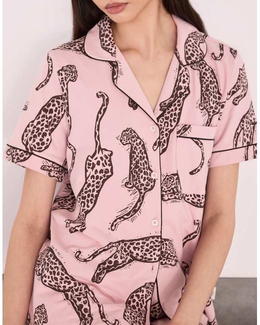 Chelsea Peers Pink Cotton Lino Cut Leopard Print Short Pyjama Set