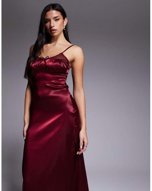 Brave Soul Red Satin Strappy Maxi Dress With Lace Detail