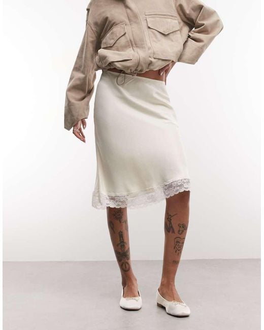 Reclaimed Vintage Natural Satin Awkward Length Skirt With Lace Trim