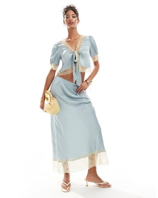 ASOS Blue Satin Midi Skirt With Lace Hem
