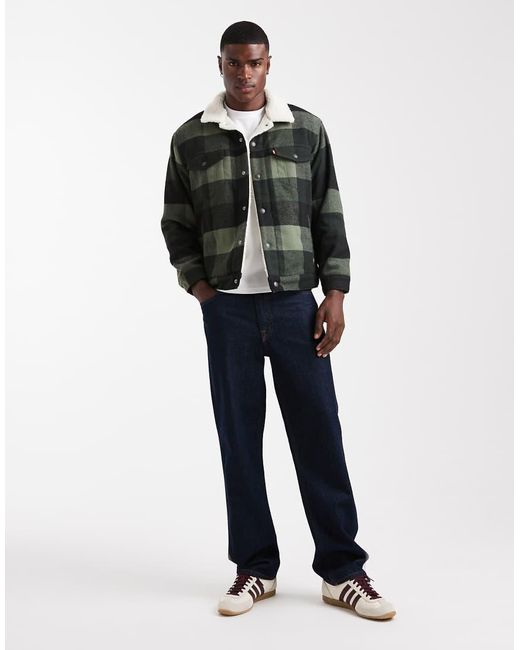 Levi's Gray Relaxed Fit Block Check Sherpa Trucker Jacket for men