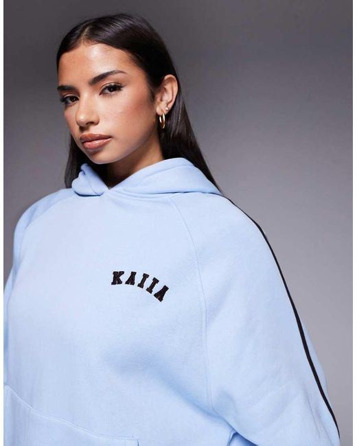 Kaiia Blue Cotton Rich Embroidered Logo Contrast Stripe Detail Oversized Hoodie