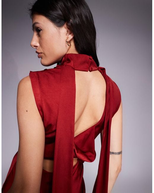 ASOS Red Asos Design Tall Satin Cowl Neck Midi Dress With Scarf Neck Ties And Twist Back