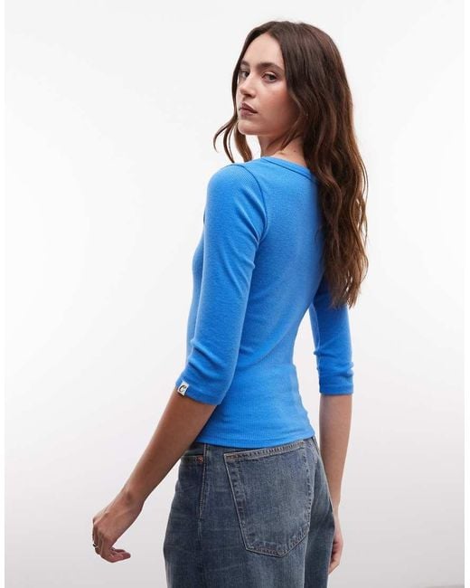 Collusion Blue Scoop Neck 3/4 Length Sleeve Top