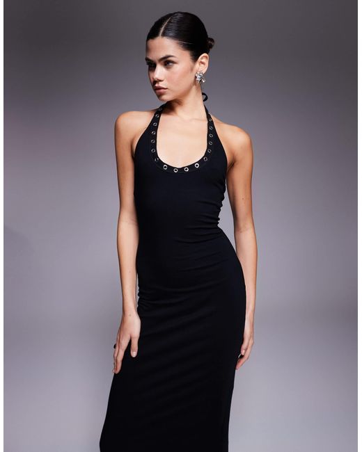 Fashionkilla Blue Halterneck Scoop Neck Eyelet Trim Low Back Maxi Dress