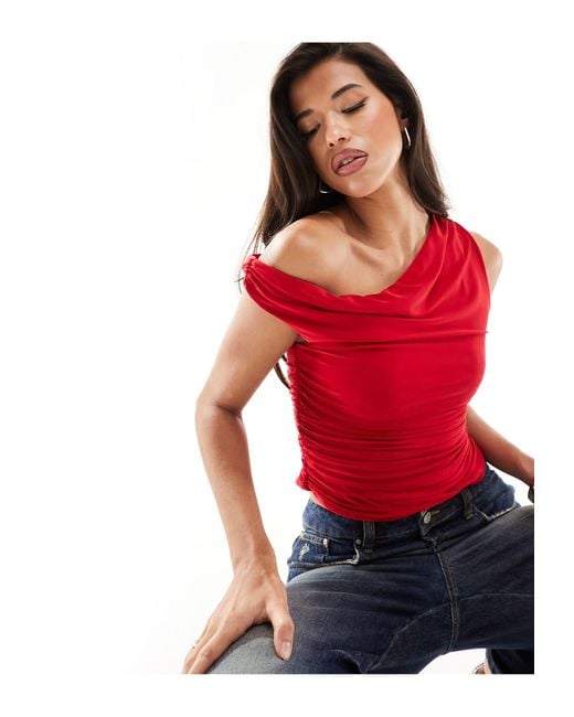 Missy Empire Red Exclusive Slinky Off Shoulder Top