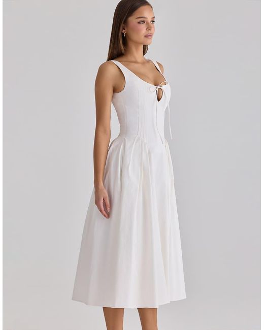 House Of Cb White Alira Pleated Cotton Peekaboo Midi Dress