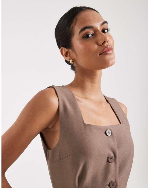 Vero Moda Natural Square Neck Button Front Tailored Midi Dress