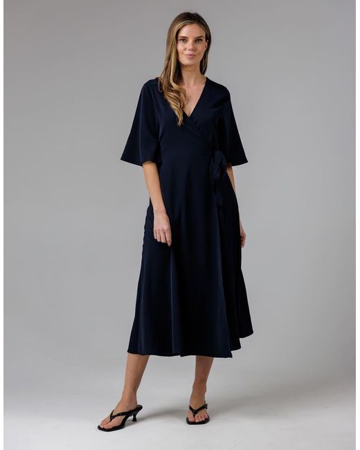 French Connection Black V- Neck Bell Sleeve Wrap Tie Crepe Midi Dress