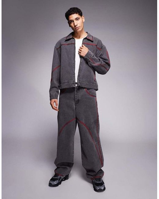 Liquor N Poker Gray Embroidery Detail baggy Baseball Jeans for men