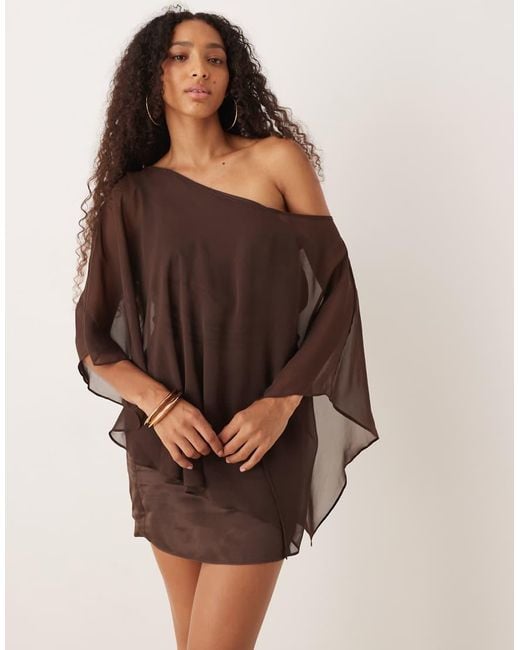 ASOS Brown Satin Chiffon Mix Drape One Shoulder Mini Dress