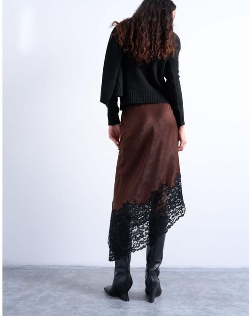 TOPSHOP White Satin Asymmetric Lace Hem Midaxi Skirt