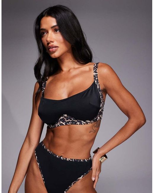 Wolf & Whistle Gray Hidden Underwire Bikini Top With Leopard Contrast