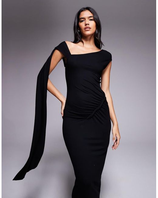 ASOS Black Sash Neck Midi Dress With Twist Detail