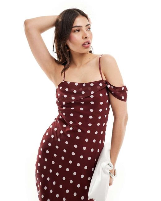 ASOS Midi Slipdress Met Blote Schouder, Bandjes En Stippen in het Red