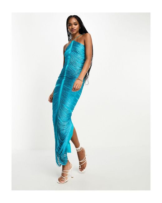 ASOS Blue Asos Design Tall Fringe Drape Halter Maxi Dress