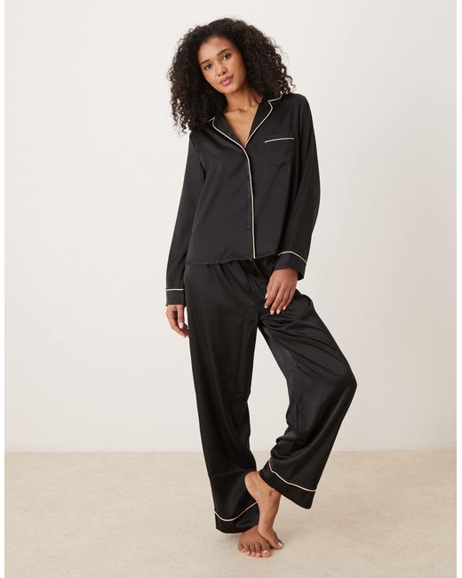 ASOS Black Satin Shirt & Trouser Pyjama Set
