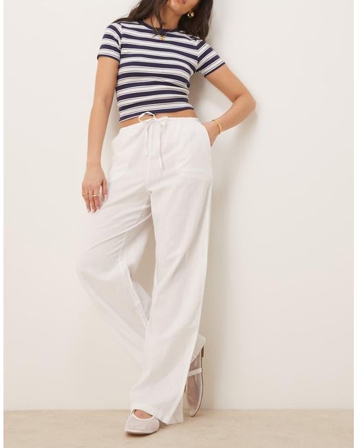 Gina Tricot Natural Wide Leg Linen Blend Trousers With Drawstring Waist